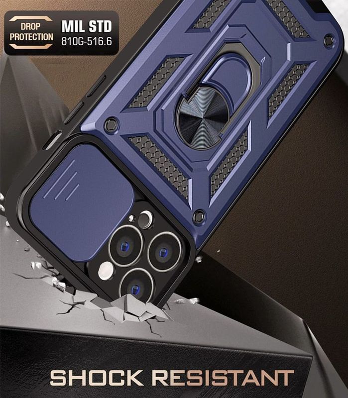 IPhone 15 Pro Blauwe telefoonhoesje met verschuifbare camerabescherming Schokbestendig