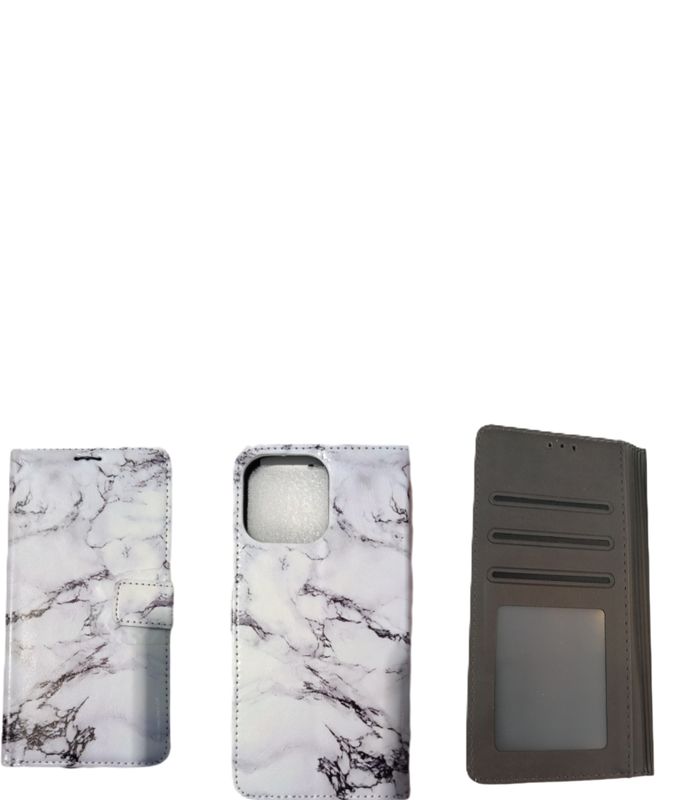 IPhone 16 Pro Max boekhoesje  met kaarthouder en magnetische sluiting in een witte marmerprint-1