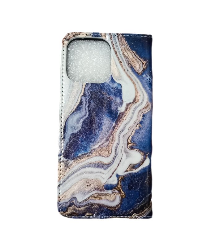 IPhone 16 Pro Max boekhoesje  met kaarthouder en magnetische sluiting in een Blauw Wit Marmer print
