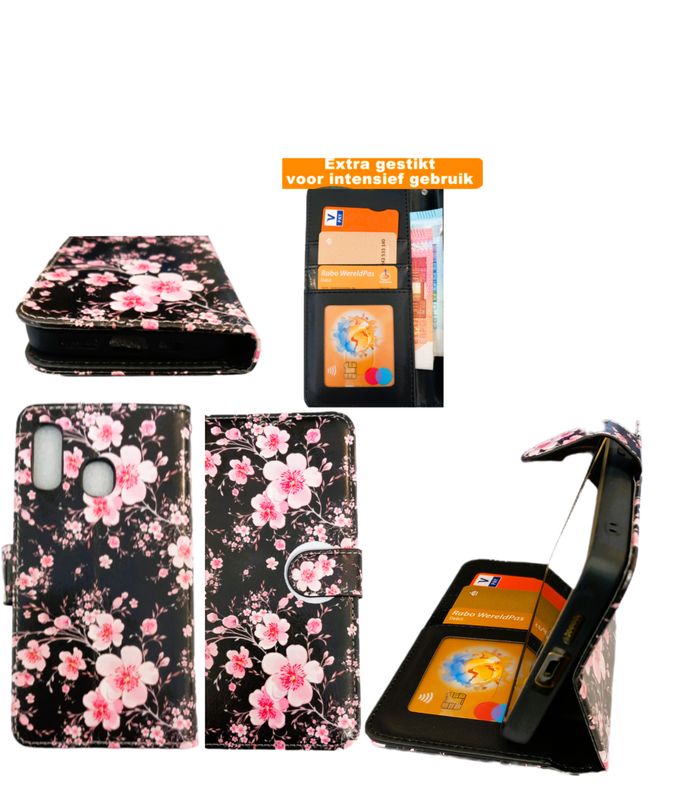 ​Samsung A 40  Boek hoesje met kaarthouder en magnetische sluiting -Bloemen print zwarte achtergrond