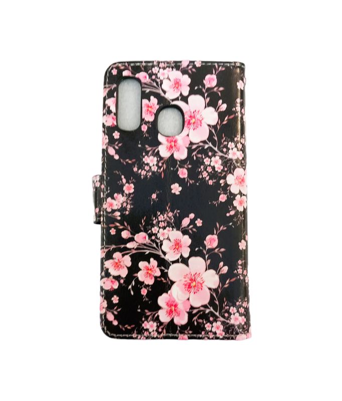 ​Samsung A 40  Boek hoesje met kaarthouder en magnetische sluiting -Bloemen print zwarte achtergrond
