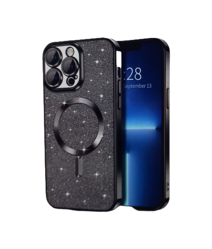 IPhone 16 Pro Zwarte glitter MagSafe hoesje met camerabescherming
