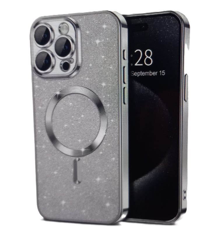 IPhone 16 Pro Zilveren glitter MagSafe hoesje met camerabescherming