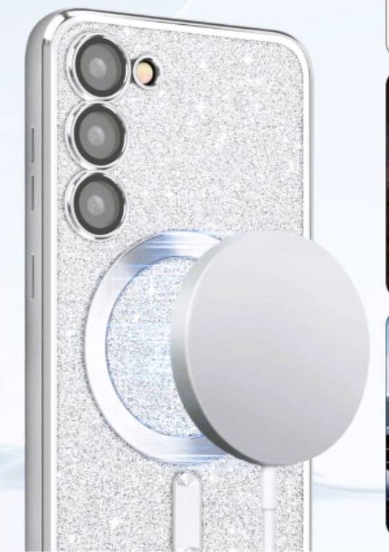 Samsung S23  zilveren glitters MagSafe hoesje met camera lensbeschermer
