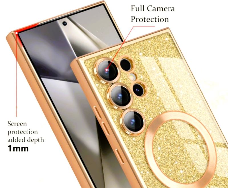 Samsung S23 Ultra -Goude glitters Magsafe hoesje met camerabescherming