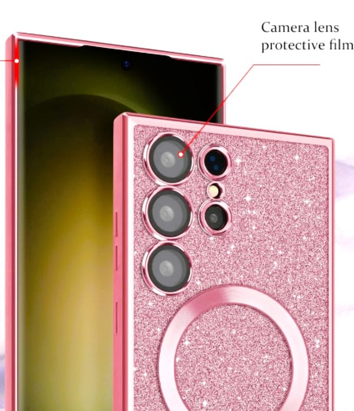 Samsung S23 UltraRose goude glitters MagSafe hoesje met camerabescherming