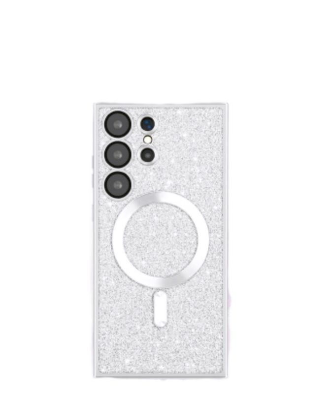 Samsung S23 Ultra Zilvere glitters MagSafe hoesje met camerabescherming