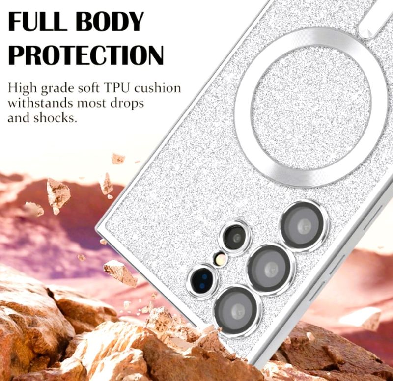 Samsung S23 Ultra Zilvere glitters MagSafe hoesje met camerabescherming