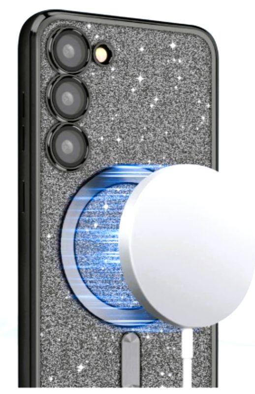 Samsung S24-Zwarte glitters MagSafe hoesje met camera lensbescherming