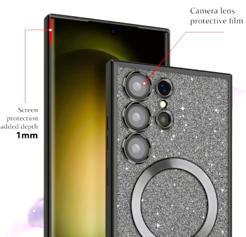 Samsung S23 Ultra Zwarte glitters MagSafe hoesje met camerabescherming
