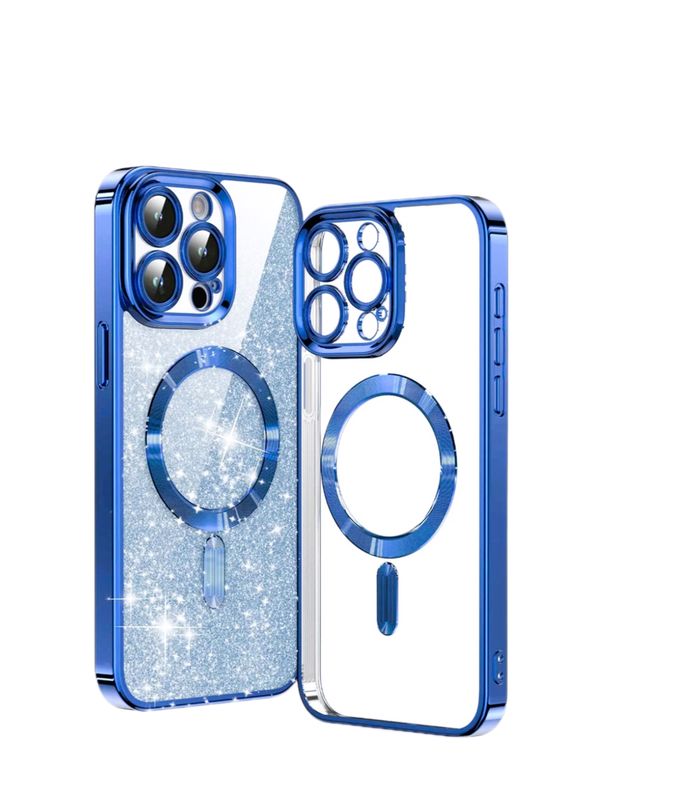 IPhone 15 Pro-​Blauwe glitters Magsafe hoesje met camera lensbeschermer,