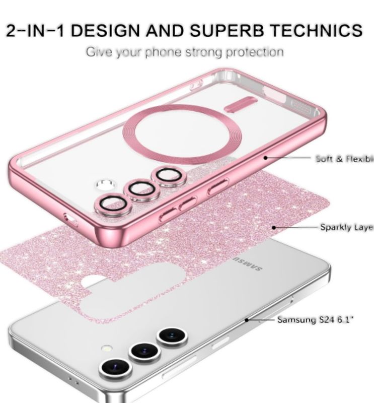 Samsung S24- Rose goude glitters MagSafe hoesje met camera lensbescherming