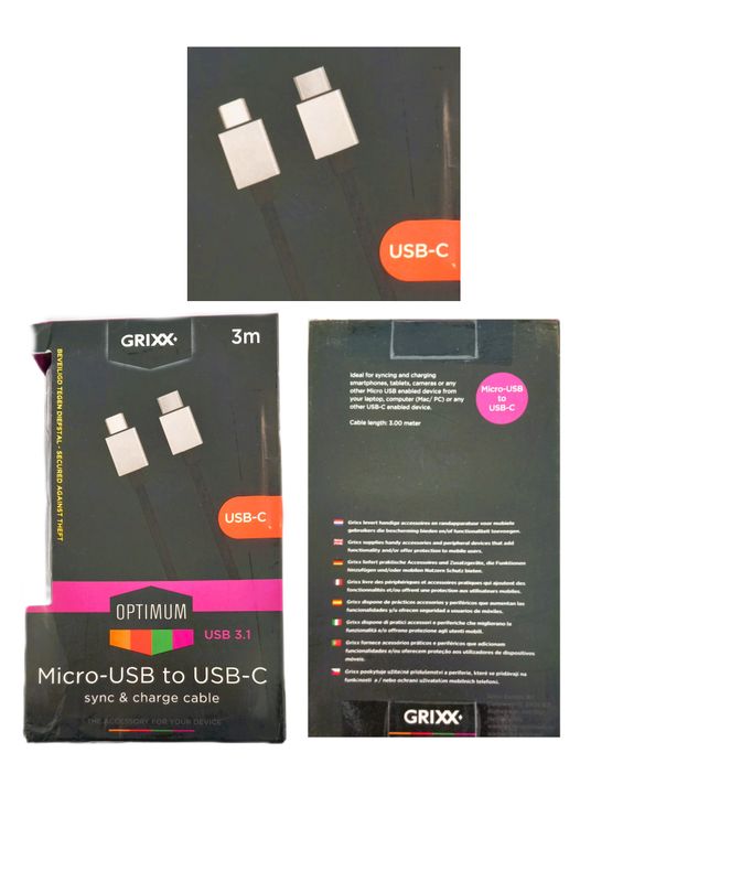 Micro USB-naar USB C-Ondersteuning van 20W Power 3M