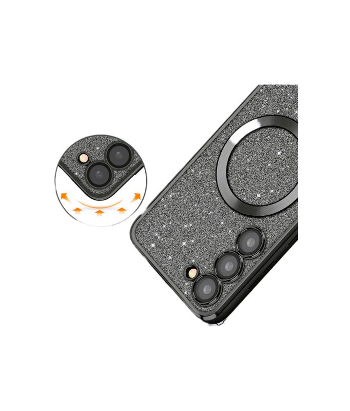 Samsung S21 FE-Zwarte glitters Magsafe hoesje met camera lensbeschermer