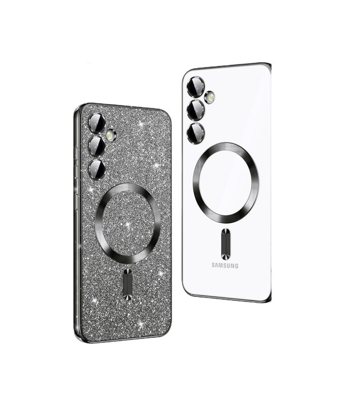 Samsung S25-Zwarte glitters MagSafe hoesje met camera lensbeschermer