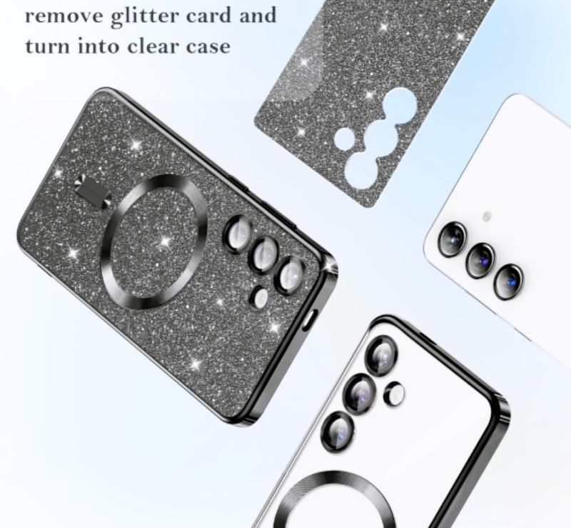 Samsung S25-Zwarte glitters MagSafe hoesje met camera lensbeschermer
