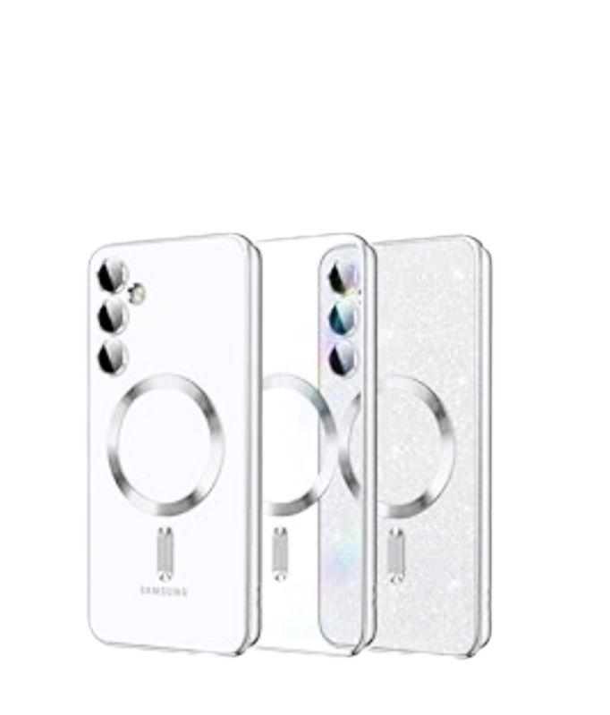 Samsung S25 Plus Zilvere glitters MagSafe hoesje met camera lensbeschermer