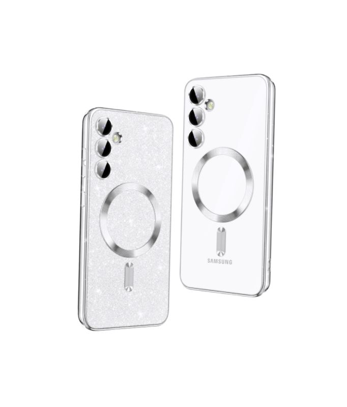 Samsung S25 Plus Zilvere glitters MagSafe hoesje met camera lensbeschermer