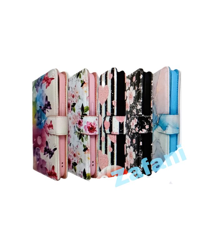 ​Samsung S 25 Boek hoesje met kaarthouder en magnetische sluiting -Bloemen print zwarte achtergrond