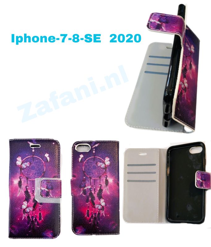 Iphone -7-8-SE 2020  Dromenvanger print paarse  Boek hoesje met kaarthouder en magnetische sluiting