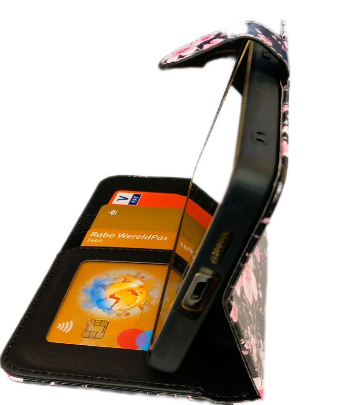 ​Samsung S 24 Boek hoesje met kaarthouder en magnetische sluiting -Bloemen print zwarte achtergrond