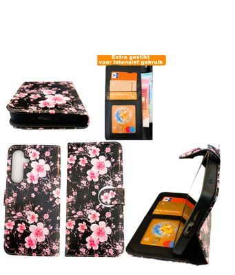 ​Samsung S 24 Boek hoesje met kaarthouder en magnetische sluiting -Bloemen print zwarte achtergrond