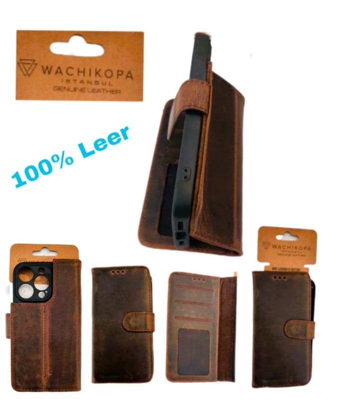 ​IPhone 14 Pro Donker Bruine 100% leer Boek hoesje met kaarthouder  camera lensbescherming en magnetische sluiting
