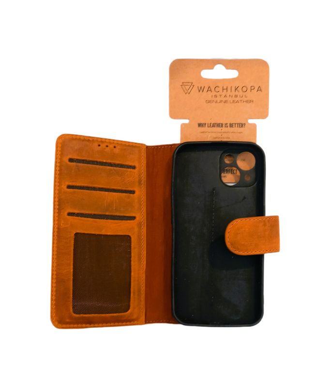 ​IPhone 13/14  Bruin 100% leer Boek hoesje met kaarthouder camera lensbeschermer en magnetische sluiting