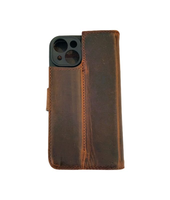 ​IPhone 13/14  Donker Bruine 100% leer Boek hoesje met kaarthouder   camera lensbeschermer en magnetische sluiting