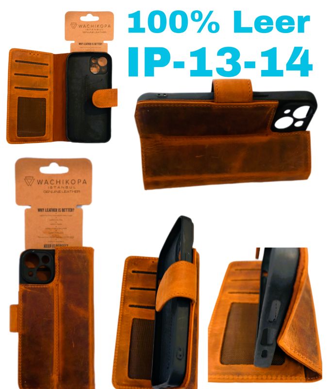​IPhone 13/14  Bruin 100% leer Boek hoesje met kaarthouder camera lensbeschermer en magnetische sluiting