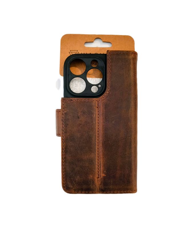 ​IPhone 14 Pro Max Donker Bruine 100% leer Boek hoesje met kaarthouder camera lensbescherming en magnetische sluiting