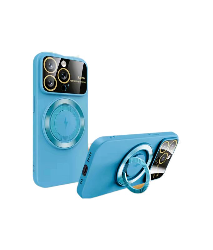 Iphone 15 pro Licht blauwe magsafe hoesje met standaard en camerabescherming