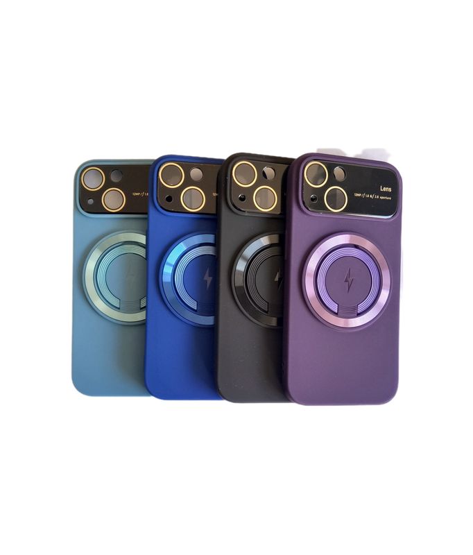 Iphone 15 paarse magsafe hoesje met standaard en camerabescherming