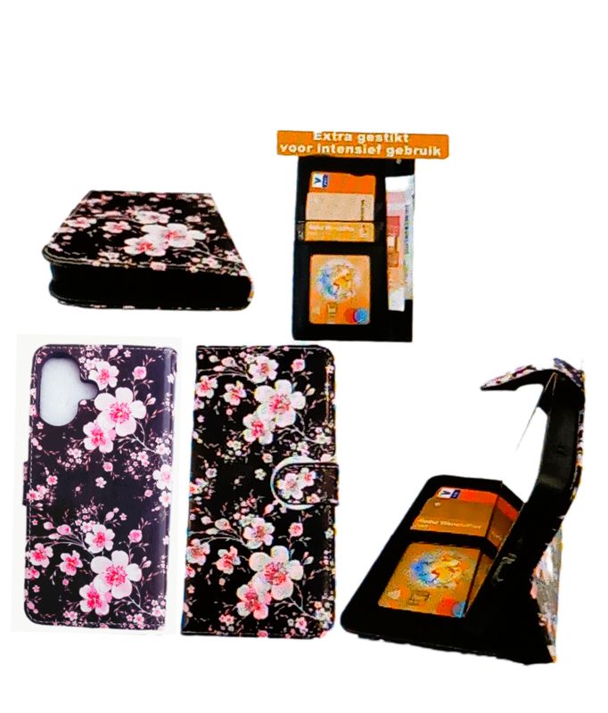 IPhone 16 plus Boek hoesje met kaarthouder en magnetische sluiting -Bloemen print zwarte achtergrond