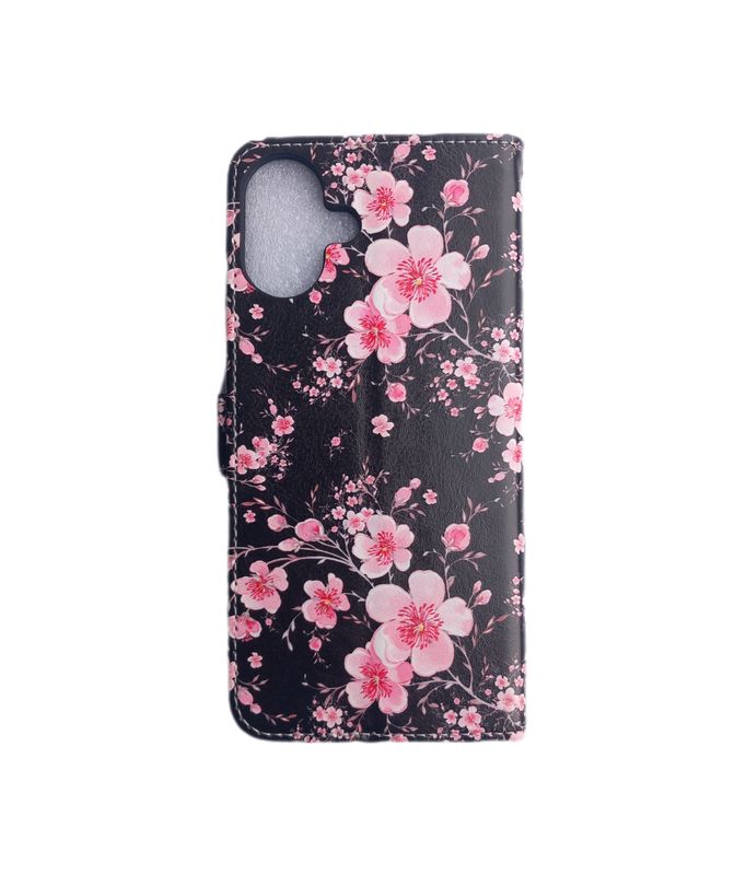 IPhone 16 plus Boek hoesje met kaarthouder en magnetische sluiting -Bloemen print zwarte achtergrond
