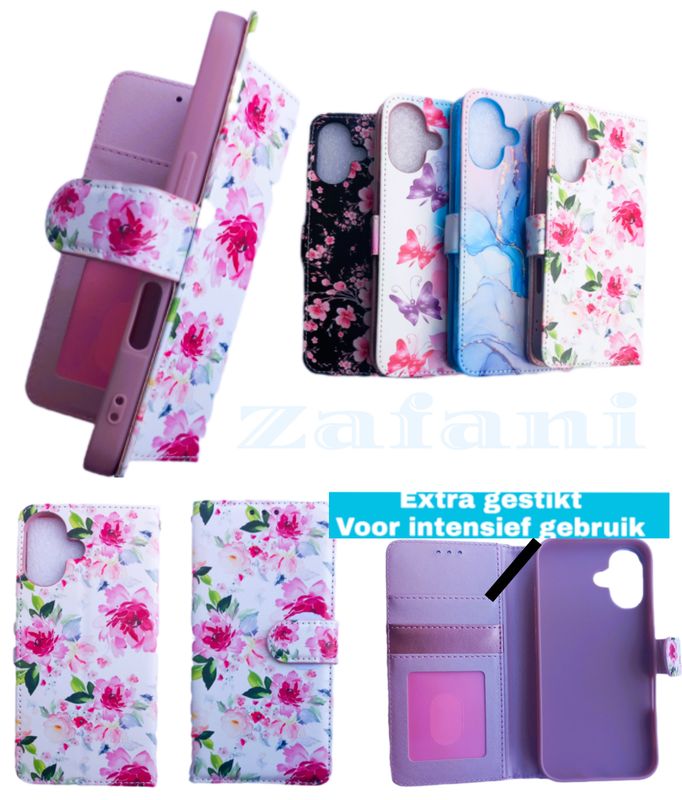 IPhone 16 Boek hoesje met kaarthouder en magnetische sluiting -Bloemen print zwarte wit