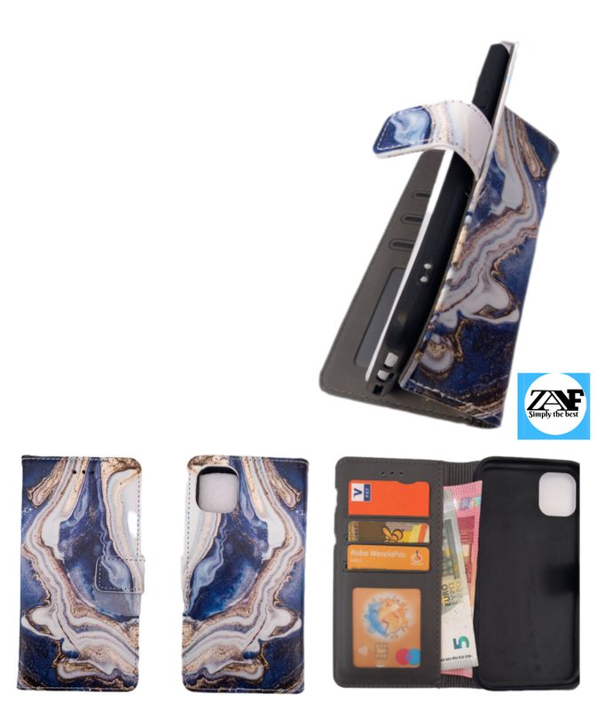 IPhone 11 boekhoesje met kaarthouder en magnetische sluiting in een Blauw Wit Marmer print