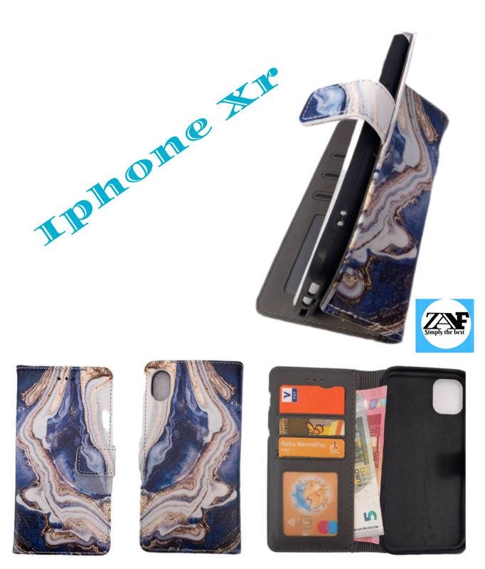 IPhone XR boekhoesje met kaarthouder en magnetische sluiting in een Blauw Wit Marmer print