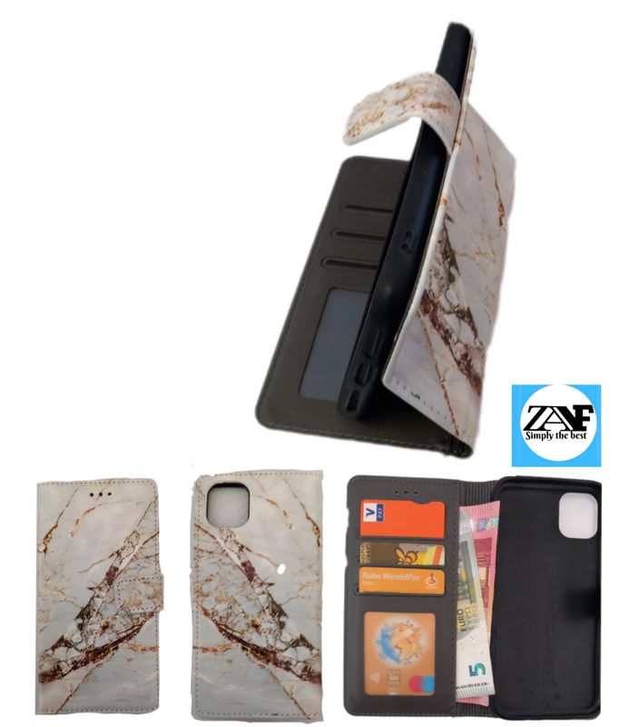 IPhone 11 boekhoesje met kaarthouder en magnetische sluiting in een witte marmerprint