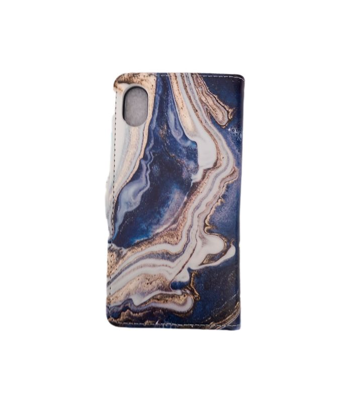 IPhone XR boekhoesje met kaarthouder en magnetische sluiting in een Blauw Wit Marmer print