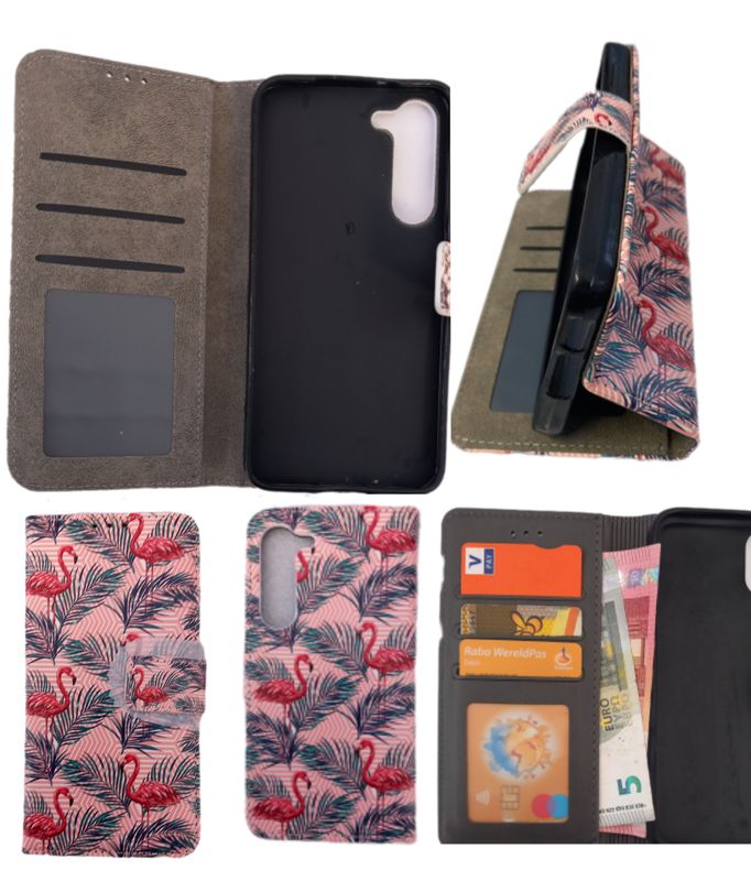 Samsung S23 Flamingo print boekhoesje met kaarthouder en magnetische sluiting