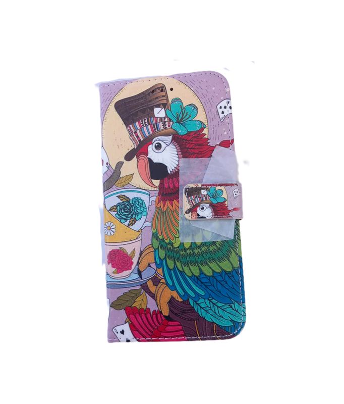 IPhone 7&8 plus boekhoesje met kaarthouder en magnetische sluiting in een tovenaar papegaai print