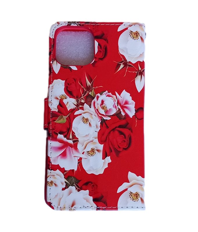 ​IPhpn 13 Boek hoesje met kaarthouder en magnetische sluiting -Bloemen print Rode achtergrond