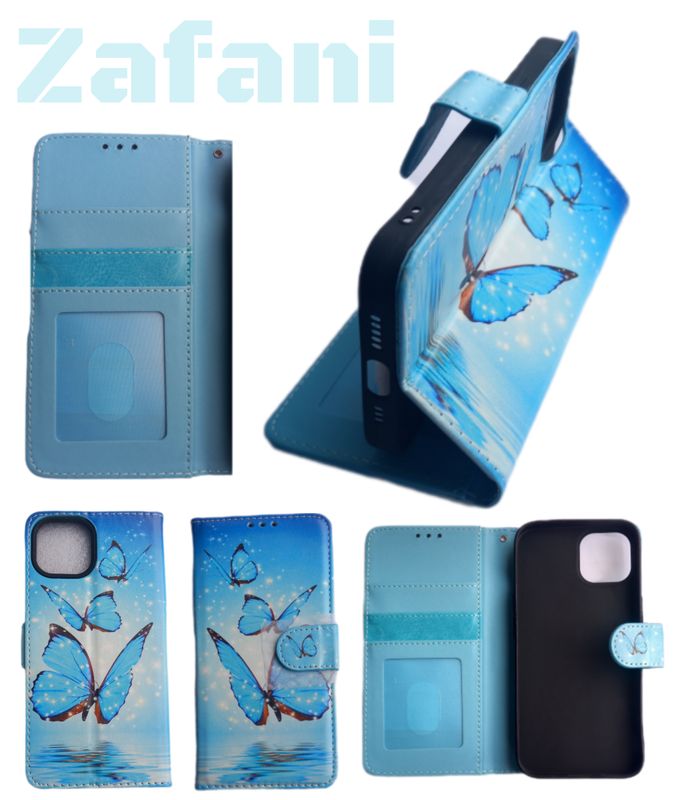 Iphone 13 Blauwe Vlinder print Boek hoesje met kaarthouder en magnetische sluiting