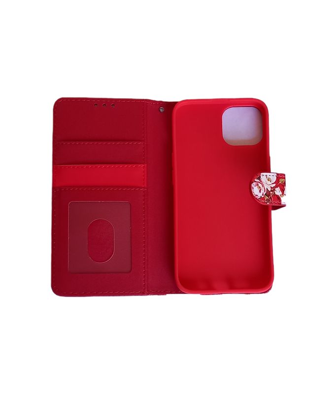 ​IPhpn 13 Boek hoesje met kaarthouder en magnetische sluiting -Bloemen print Rode achtergrond