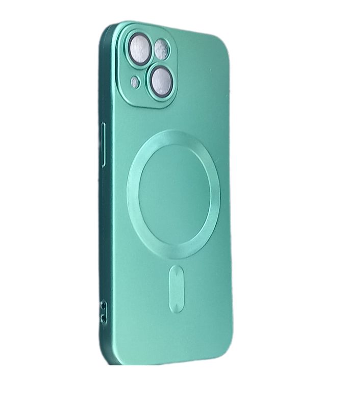 IPhone 14 Groene metallic MagSafe siliconen hoesje met een camera lensbeschermer