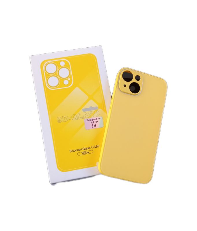 iPhone 14 Gele Siliconen + Glazen Hoesje, Volledige Cameralens en Gehard Glas Kwaliteit, Slank & Stevig, Zakvriendelijk