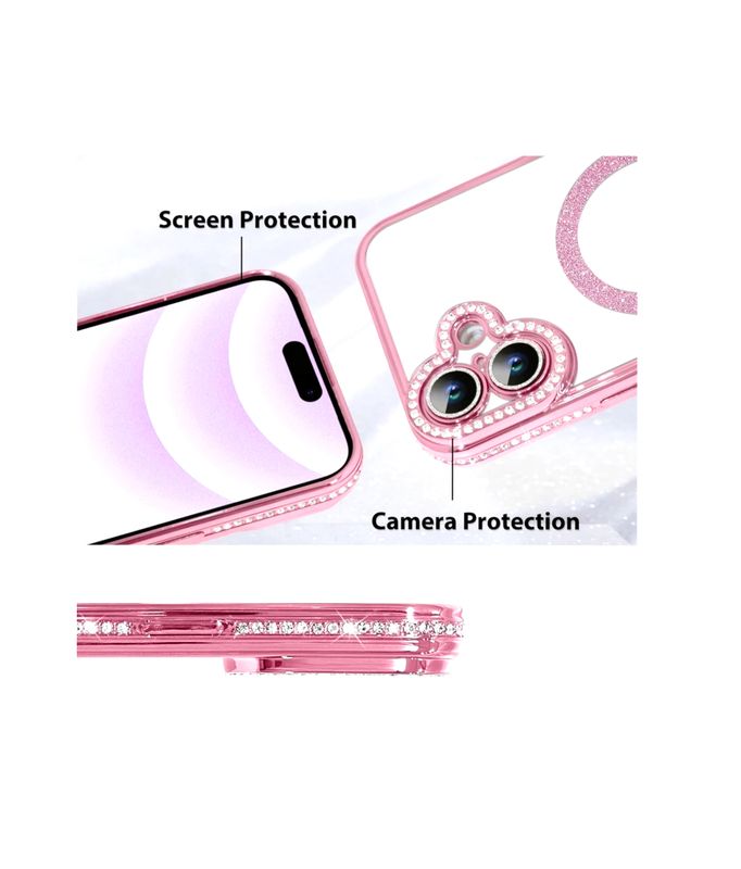 Iphone 16 Rose goud Magsafe-hoesje met glitters en diamanten met cameralensbeschermer