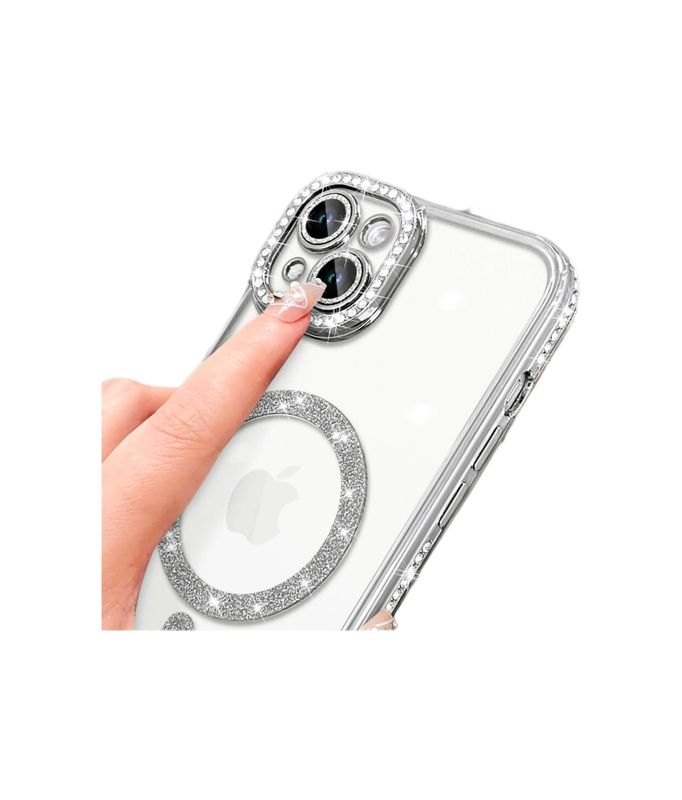 Iphone 15 Zilveren Magsafe-hoesje met glitters en diamanten met cameralensbeschermer