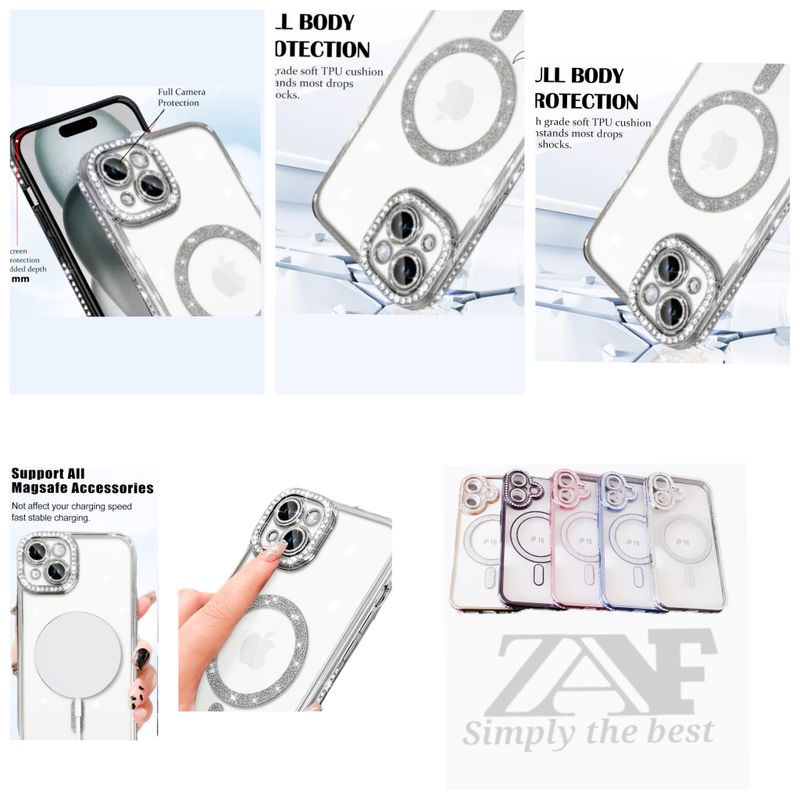 Iphone 15 Zilveren Magsafe-hoesje met glitters en diamanten met cameralensbeschermer